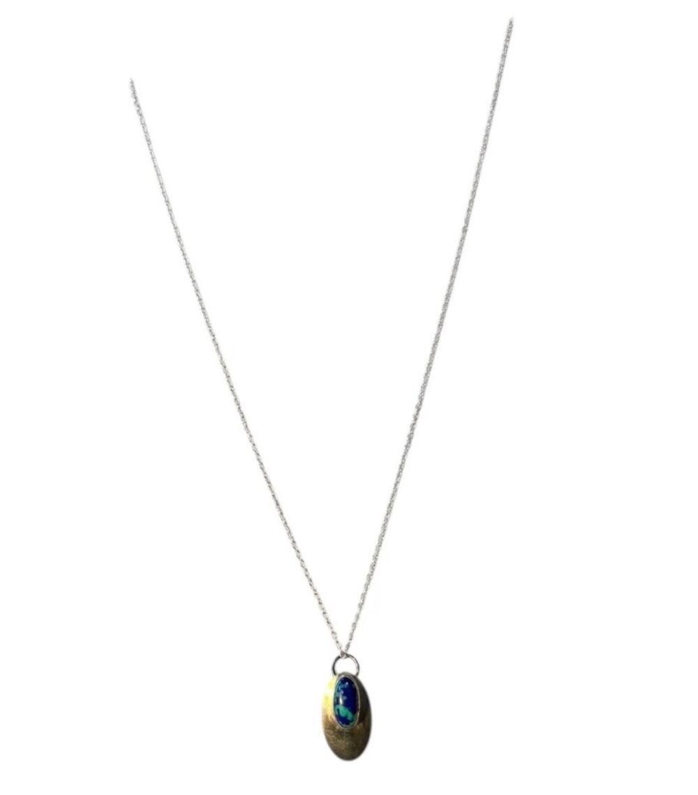 Vintage Sterling Silver Blue Inlay Pendant Necklace | Modernist 925